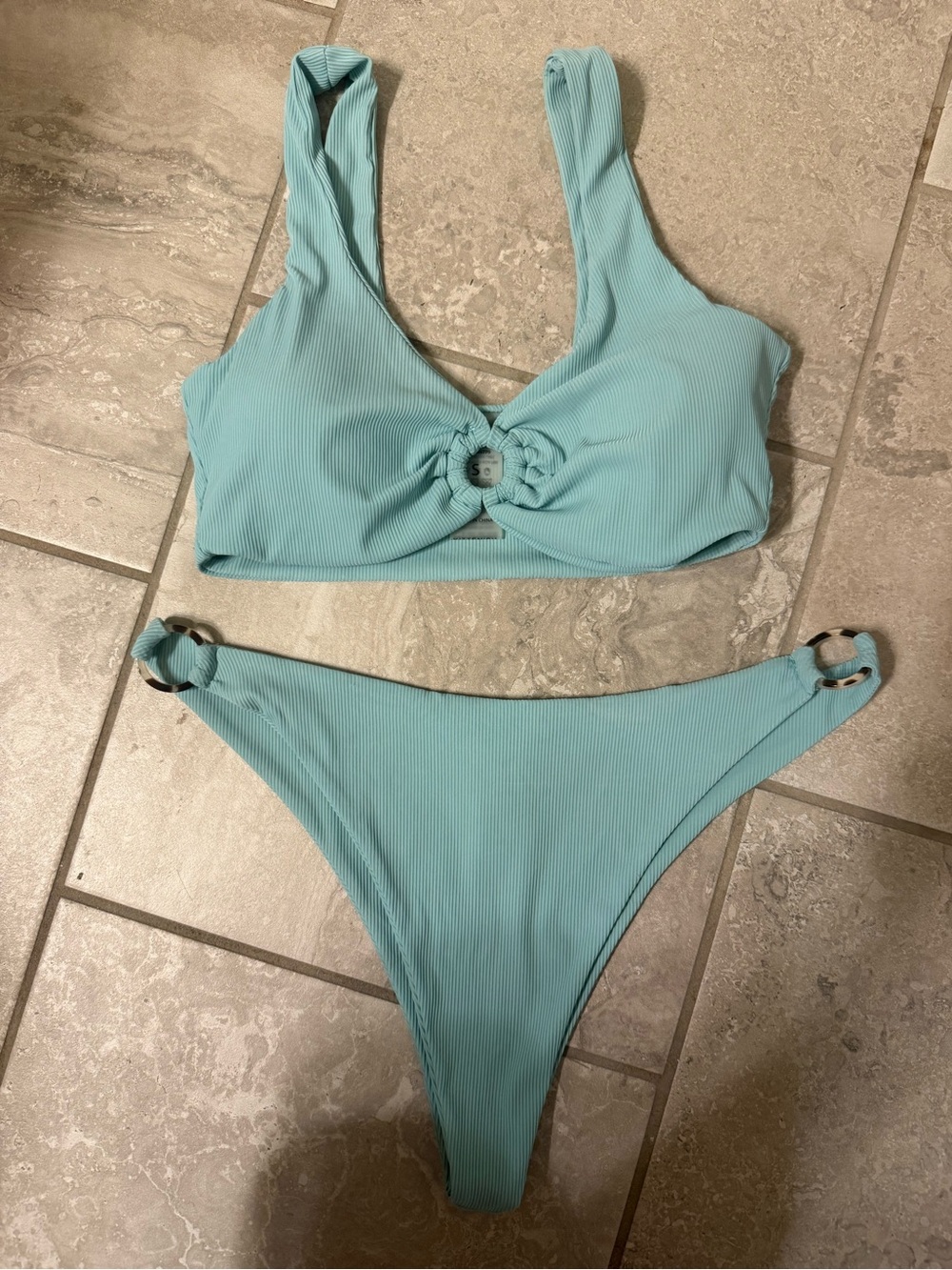 Kittenish Seafoam Ribbed Ring-Detail Bikini Set